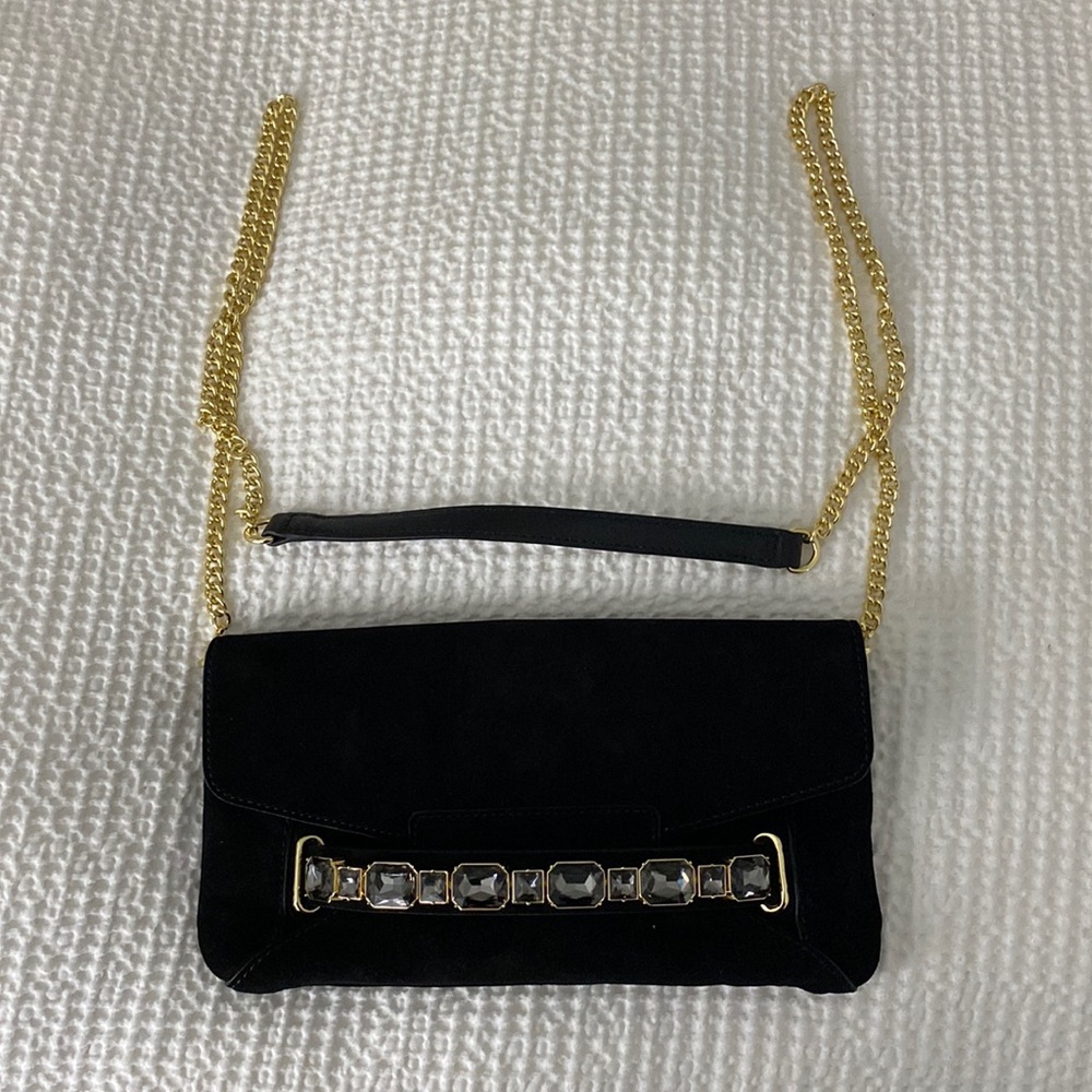Talbots black suede Gemstone clutch with cardholder and gold chain strap